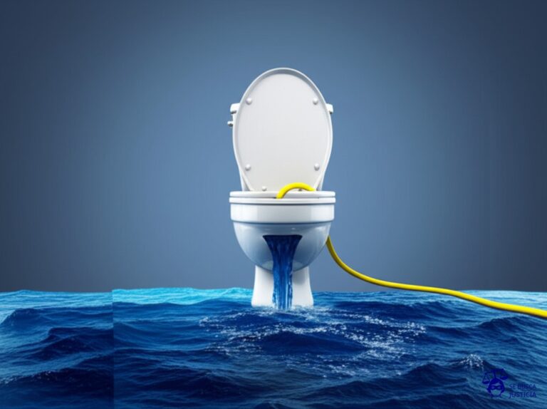 Un inodoro desbordado, con una manguera que vierte el contenido directamente al océano. Representa: Derrames de sustancias químicas sin sanción