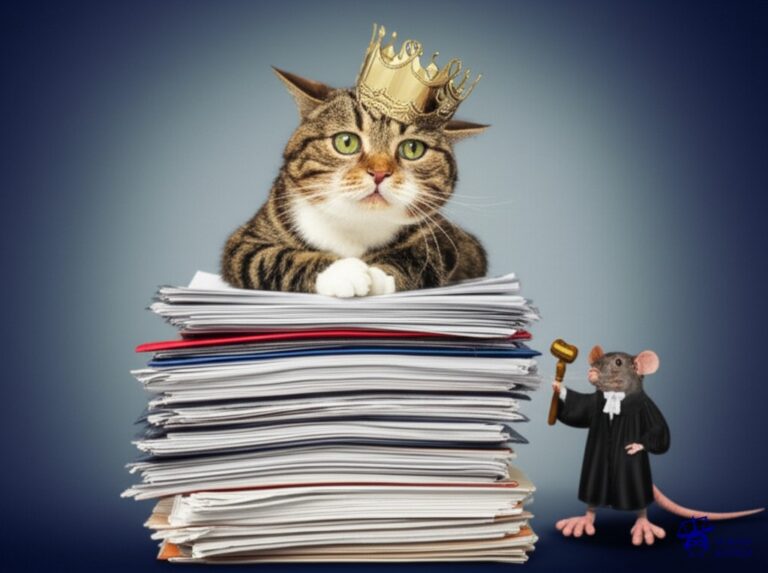 Un gato gordo, con una corona torcida, sentado sobre una pila de documentos legales, ignorando un ratón con toga y martillo que intenta llamar su atención. Representa: Desacato a resoluciones judiciales administrativas