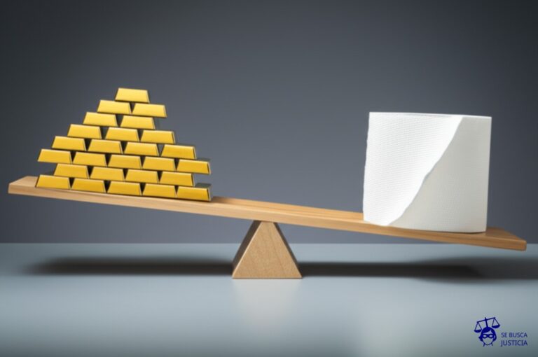 Un balancín. En un lado, una pila de lingotes de oro; en el otro, una pila de papel higiénico. Representa: Desacuerdo en la valoración de activos de propiedad intelectual en fusiones