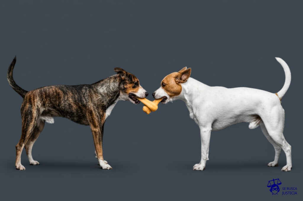Dos perros, uno a cada lado de un hueso, tirando con fuerza en direcciones opuestas, hasta que el hueso se rompe en dos. Representa: Desacuerdo sobre la división de bienes conyugales