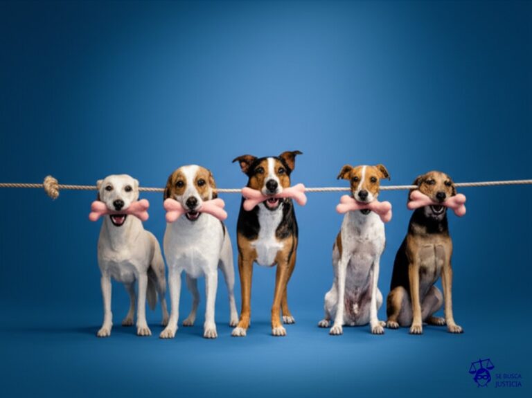 Un grupo de perros, cada uno con un hueso en la boca, tirando en direcciones opuestas de una cuerda elástica. Representa: Desacuerdos en traducciones de obras con derechos reservados