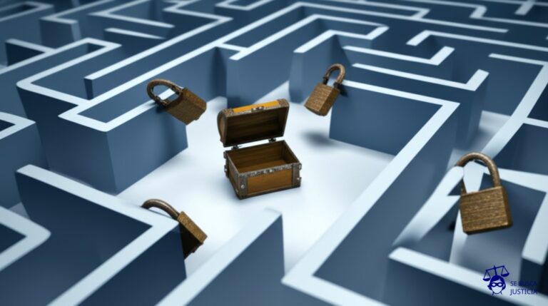 Un laberinto con múltiples salidas, cada una bloqueada por un candado oxidado y torcido. En el centro del laberinto, un pequeño cofre del tesoro vacío. Representa: Desafíos en la ejecución de sentencias por infracción de PI transfronteriza