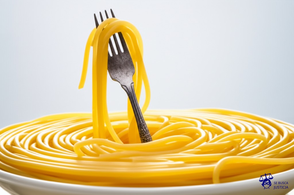 Un laberinto intrincado, hecho de espaguetis cocidos, con un tenedor oxidado intentando, sin éxito, recoger uno. Representa: Desafíos en la protección de patentes de software bajo la ley argentina