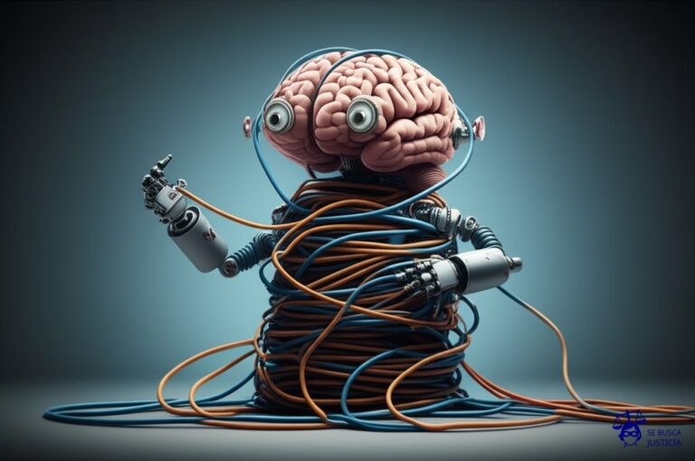 Un robot con forma de cerebro, intentando desesperadamente desenredar una madeja gigante y enredada de cables. Representa: Desafíos legales por patentes de inteligencia artificial