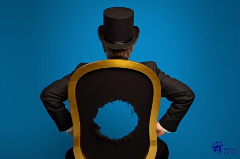 Un hombre con un sombrero de copa, sentado en una silla dorada, con un gran agujero en el trasero. Representa: Desconocimiento de derechos adquiridos