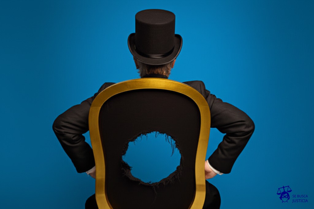 Un hombre con un sombrero de copa, sentado en una silla dorada, con un gran agujero en el trasero. Representa: Desconocimiento de derechos adquiridos