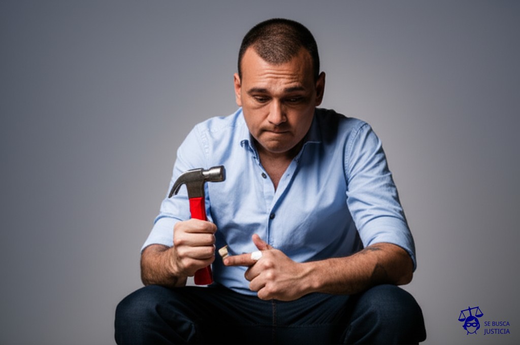 Un hombre con un martillo golpea repetidamente un dedo que tiene un vendaje. Representa: Desconocimiento de enfermedades profesionales
