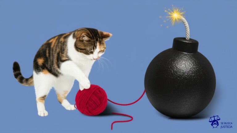 Un gato jugando con un ovillo de lana que resulta ser una bomba a punto de explotar. Representa: Desconocimiento de la validez de comprobantes de pago emitidos por el banco