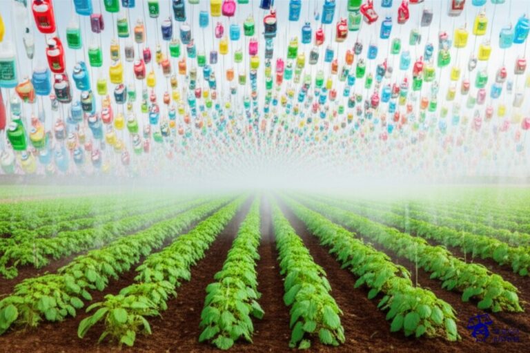 Un campo de cultivo exuberante, con plantas perfectamente alineadas. De repente, una lluvia torrencial de botes de veneno, cada uno con un chorro descontrolado, cae sobre el campo, cubriendo todo con una capa brillante y antinatural. Representa: Descontrol en el uso de agroquímicos
