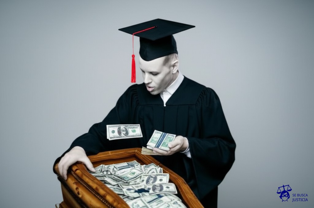 Un fantasma con un sombrero de graduación intentando recoger billetes de un ataúd. Representa: Descuentos automáticos de cuotas de créditos ya cancelados