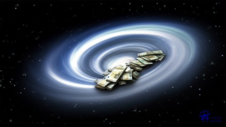 Un gran agujero negro tragándose una pila de billetes de banco. Representa: Descuentos automáticos por deudas inexistentes