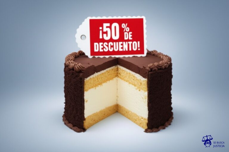 Un gran pastel con una etiqueta de ¡50% de descuento! en la parte superior, pero al intentar cortarlo, la mitad del pastel es una ilusión vacía. Representa: Descuentos prometidos no aplicados