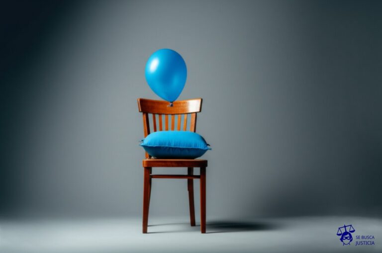 Una silla vacía con un cojín abultado y un globo con forma de bebé flotando sobre ella, a punto de explotar. Representa: Despido por embarazo