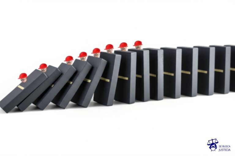 Una fila de dominós, cada uno con un pequeño sombrero de obrero, alineados. El primero es empujado y todos caen. Representa: Despido por sindicalización