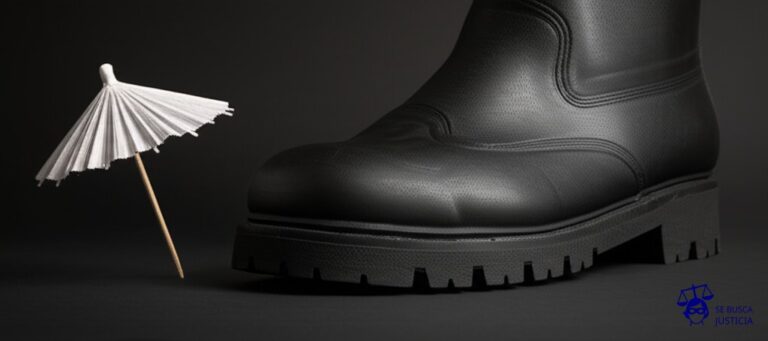Un pequeño paraguas de papel de arroz, delicado y translúcido, siendo aplastado por una enorme y tosca bota de goma. Representa: Desprotección constitucional frente a actos arbitrarios de autoridades