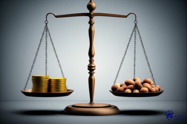 Una balanza. En un platillo, una pila ordenada de monedas de oro. En el otro, un montón desordenado de cacahuetes. Representa: Desviación de poder en la actuación administrativa