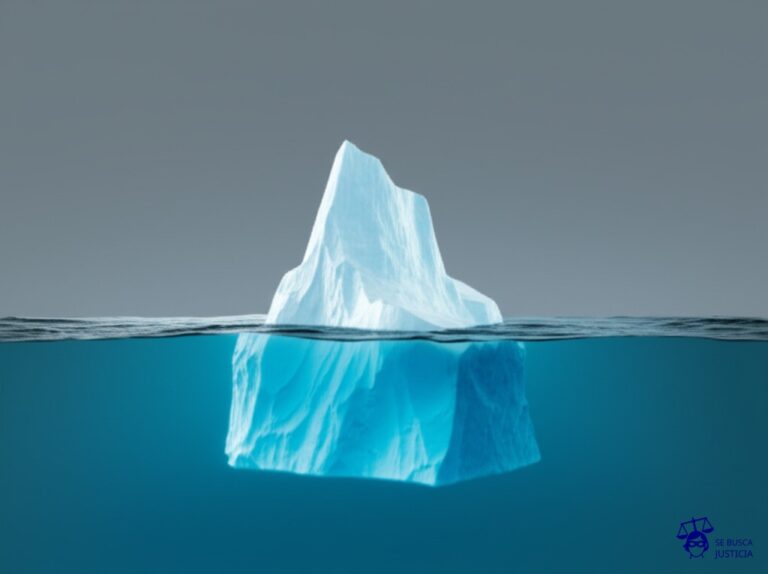 Un iceberg, con la punta (el saldo informado) visible sobre la superficie, y una base mucho más grande y oculta bajo el agua (el saldo real). Representa: Diferencias entre el saldo real y el informado en extractos bancarios