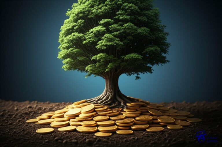 Un árbol robusto, con raíces fuertes, siendo comido lentamente por una pila de monedas de oro. Representa: Dificultad en la aplicación de la Ley de Bosques por presiones económicas