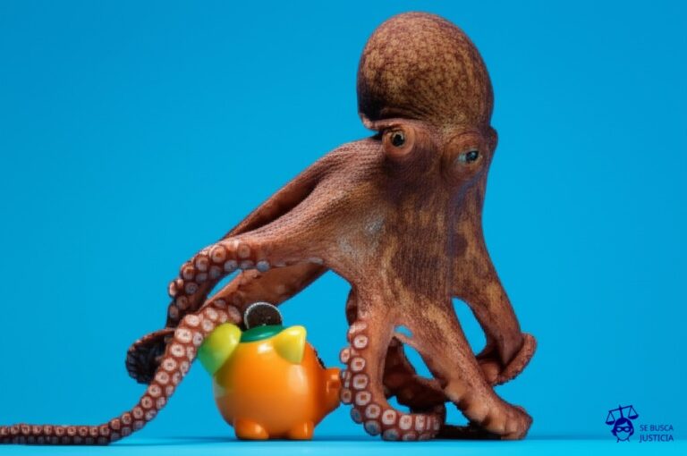 Un pulpo gigante intentando meter una sola moneda en una alcancía diminuta. Representa: Dificultad excesiva para cerrar cuentas