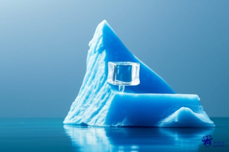 Un gran iceberg a punto de derretirse, con un pequeño cubo de hielo intentando medir el agua que gotea. Representa: Dificultad para cuantificar el daño ambiental en procesos judiciales