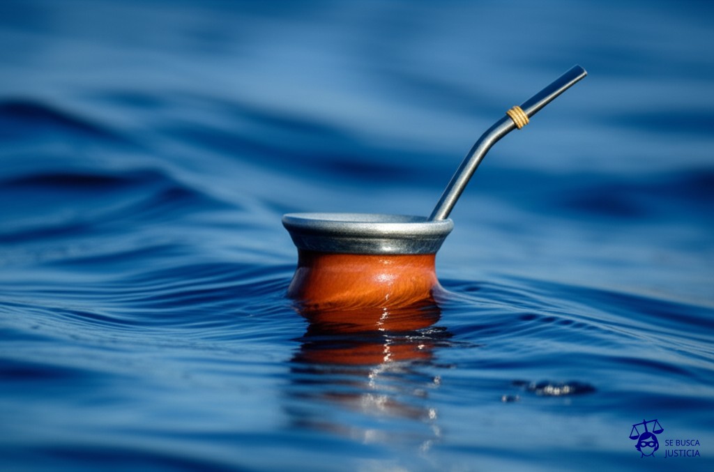 Un pequeño mate (típico recipiente argentino) flotando a la deriva en medio del océano, con una bombilla (pajita para beber mate) oxidada y torcida, intentando desesperadamente succionar agua. Representa: Dificultad para hacer valer un secreto industrial argentino en el extranjero
