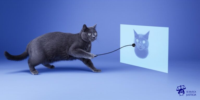 Un gato persiguiendo un puntero láser, pero el puntero proyecta una imagen del gato idéntica, y ambos huyen en direcciones opuestas. Representa: Dificultades en defensa de propiedad intelectual frente a deepfakes