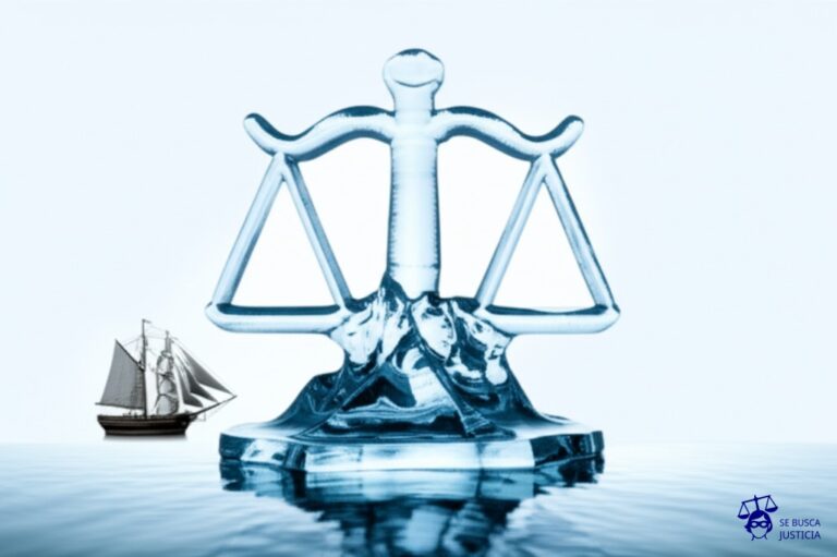 Un enorme iceberg con la forma de una balanza de la justicia, a punto de colisionar con un pequeño barco de vela. Representa: Dificultades en la aplicación del principio precautorio en el ámbito judicial