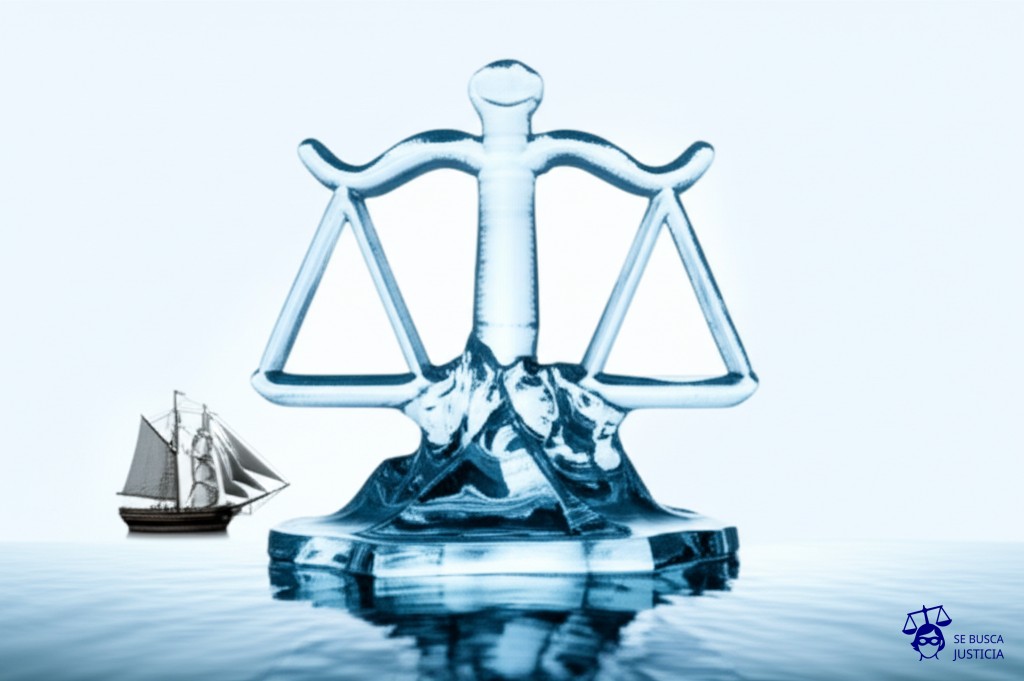Un enorme iceberg con la forma de una balanza de la justicia, a punto de colisionar con un pequeño barco de vela. Representa: Dificultades en la aplicación del principio precautorio en el ámbito judicial