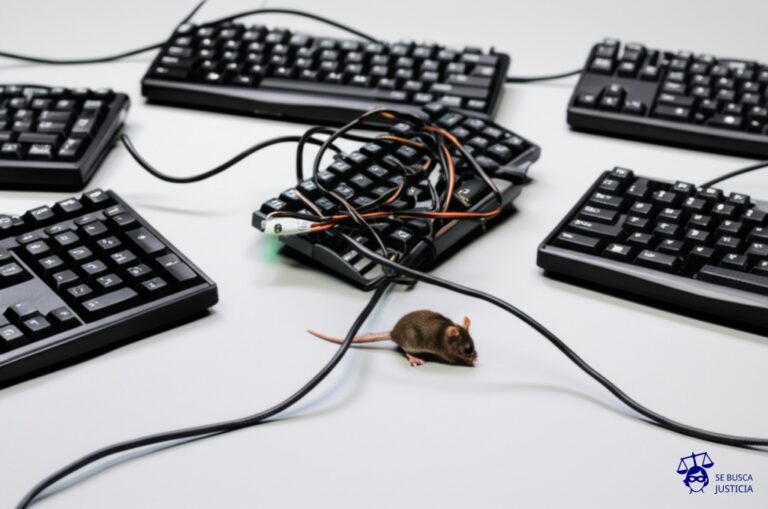 Un laberinto hecho de teclados de computadora rotos y cables enredados, con un pequeño ratón de computadora intentando desesperadamente encontrar la salida. Representa: Dificultades en la prueba de infracción de derechos de software no registrado