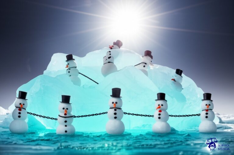 Un grupo de personas, representadas como muñecos de nieve, cada uno con un sombrero de copa, encadenados entre sí a un gran iceberg que se está derritiendo rápidamente bajo un sol abrasador. Representa: Dificultades legales con socios comerciales