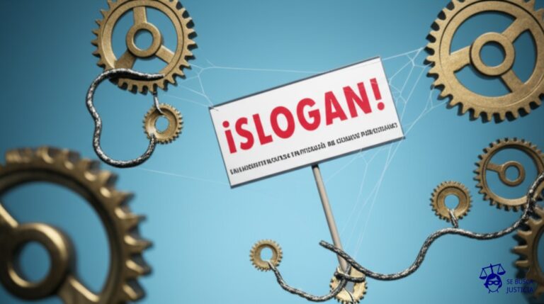 Un laberinto intrincado hecho de engranajes oxidados y nudosos, con un letrero de ¡SLOGAN! torcido y a punto de caer, sostenido precariamente por una telaraña. Representa: Dificultades legales en protección de slogans publicitarios