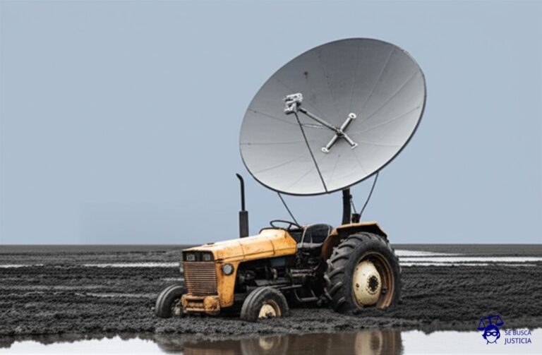 Un tractor oxidado, con una antena parabólica gigante atada al techo con cuerdas y alambre. El tractor está atascado en un lodazal profundo. Representa: Dificultades para implementar factura electrónica en zonas rurales