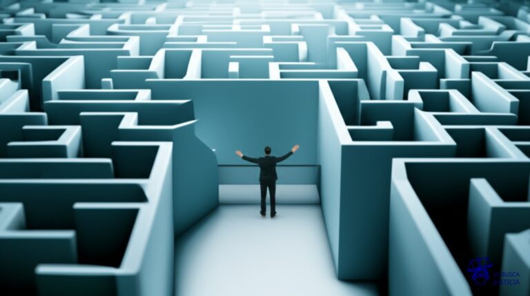 Un laberinto intrincado, con múltiples bifurcaciones y callejones sin salida, en cuyo centro se encuentra una pequeña salida, pero bloqueada por una barrera infranqueable. Representa: Dificultades para obtener la baja de productos financieros (ej. tarjeta de crédito)