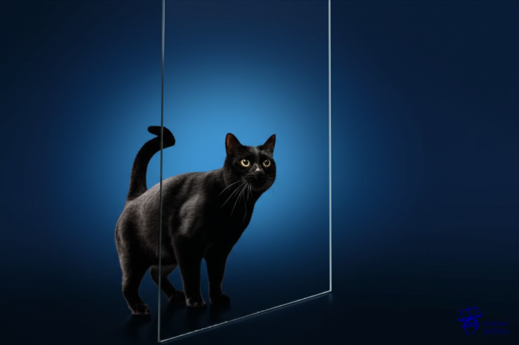 Un gato negro, persistentemente intentando atravesar una puerta de cristal. Representa: Dificultades para probar el siniestro ocurrido