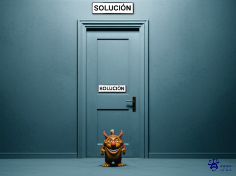 Un laberinto intrincado con múltiples puertas falsas, cada una adornada con un cartel que dice SOLUCIÓN y un pequeño, diminuto y grotesco monstruo con una gran sonrisa en la entrada. Representa: Dificultades para regularizar deudas en concursos preventivos