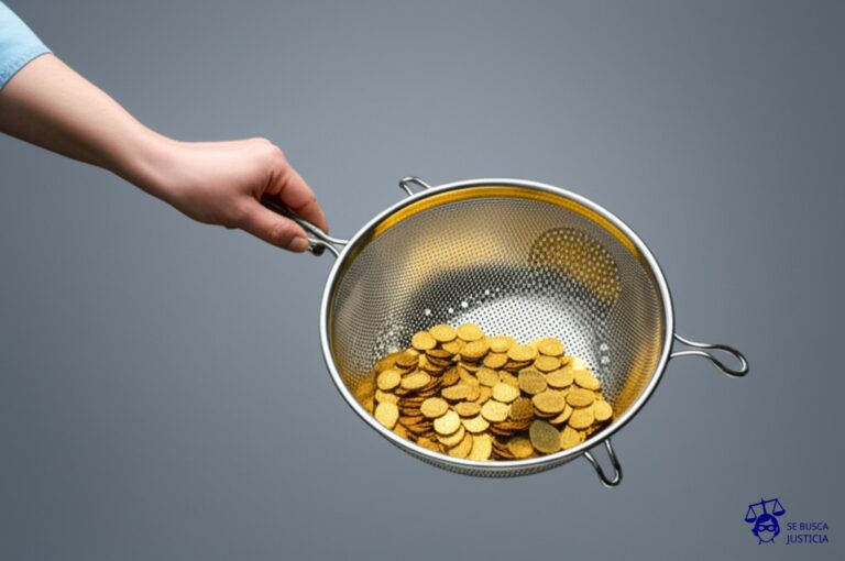 Un colador con agujeros grandes, lleno de monedas de oro, siendo sostenido por una mano que se aleja. Representa: Difusión de información comercial sensible por ex-empleados