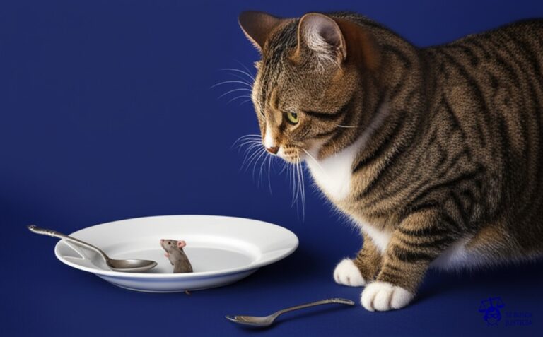 Un gato gordo y satisfecho, con un plato vacío y una pequeña cuchara, mirando fijamente a un ratón flaco y asustado que intenta esconderse en un agujero diminuto. Representa: Discrecionalidad en inspecciones y fiscalizaciones