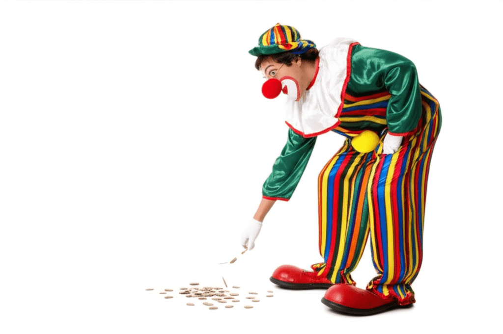 Un payaso, con una nariz roja gigante, intenta meter monedas en un agujero en su bolsillo, pero todas rebotan y caen al suelo. Representa: Discrepancias en el pago de indemnizaciones