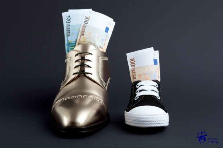 Un par de zapatos: uno enorme y lujoso, el otro, un diminuto zapatito de bebé, ambos llenos de billetes. Representa: Discrepancias en el pago de indemnizaciones
