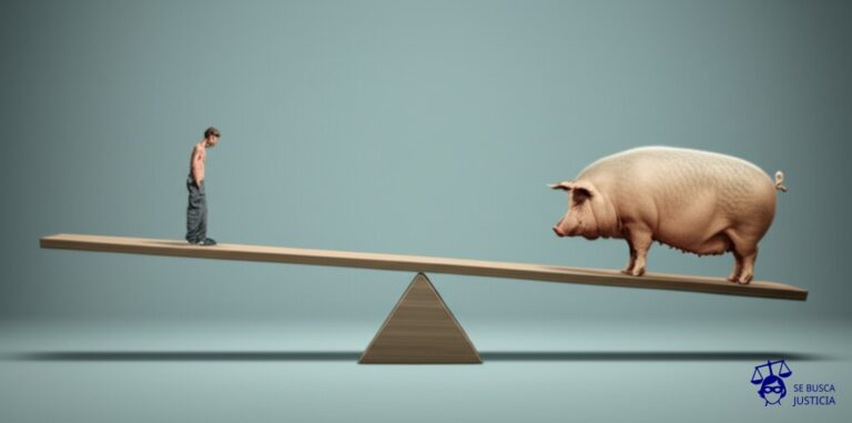 Un balancín. En un lado, un hombre pequeño y demacrado. En el otro, un cerdo obeso. Representa: Discrepancias en el pago de indemnizaciones