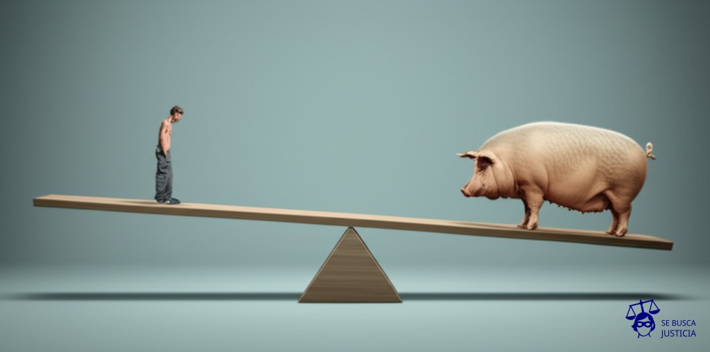 Un balancín. En un lado, un hombre pequeño y demacrado. En el otro, un cerdo obeso. Representa: Discrepancias en el pago de indemnizaciones