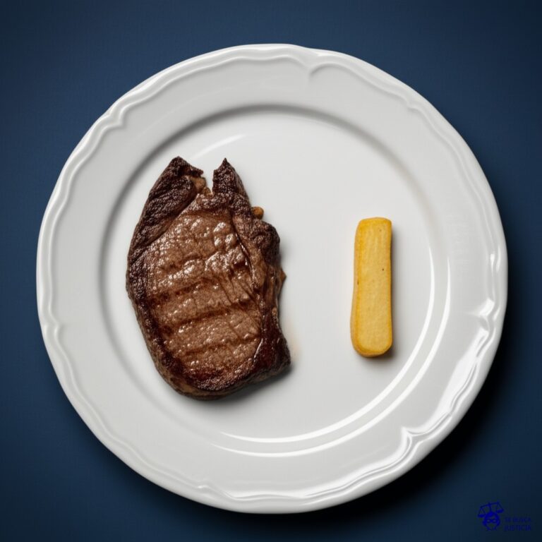 Un plato de comida. Un filete jugoso y grande en un lado. En el otro, una sola patata frita, diminuta y solitaria. Representa: Discrepancias en el pago de indemnizaciones