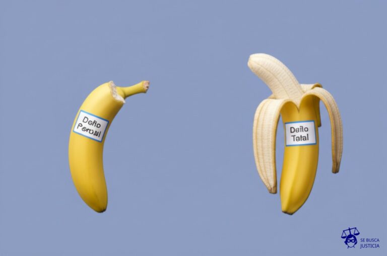 Un plátano a medio comer con una mordida, con una etiqueta que dice Daño Parcial. Al lado, el resto de la cáscara vacía, con una etiqueta que dice Daño Total. Representa: Discrepancias en la interpretación de daños parciales vs. totales