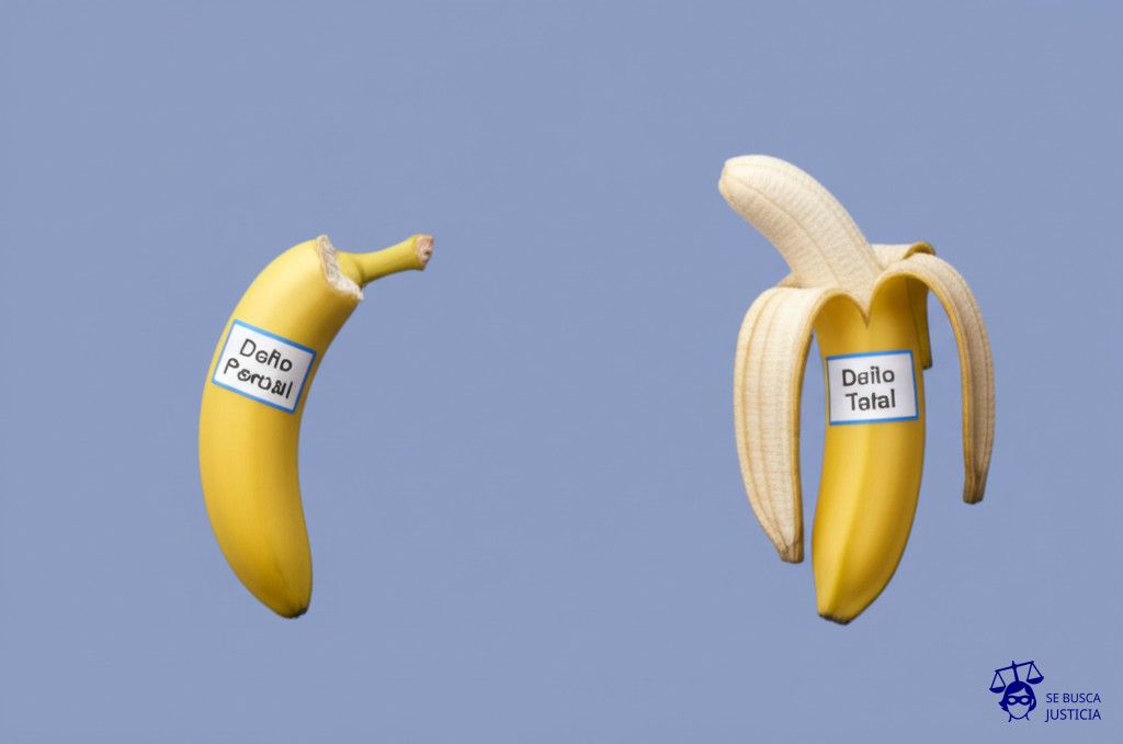 Un plátano a medio comer con una mordida, con una etiqueta que dice Daño Parcial. Al lado, el resto de la cáscara vacía, con una etiqueta que dice Daño Total. Representa: Discrepancias en la interpretación de daños parciales vs. totales