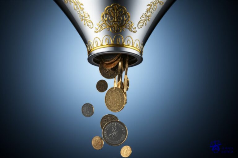 Un embudo gigante, lujoso y reluciente, con una abertura muy pequeña y delicada, recibiendo una lluvia de monedas de diferentes tamaños y valores. Solo las monedas más grandes y brillantes logran pasar, mientras que las más pequeñas y opacas rebotan y se acumulan a su alrededor. Representa: Discriminación al momento de alquilar por parte del dueño