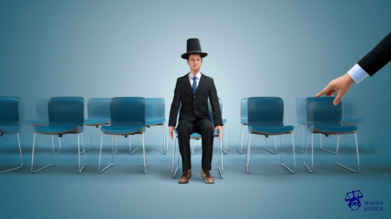 Una fila de sillas de oficina idénticas. Una persona, visiblemente diferente a las demás (por ejemplo, con un sombrero extravagante o zapatos desparejados), intenta sentarse en una silla pero es empujada constantemente de forma sutil (pero persistente) por una mano invisible. Representa: Discriminación en el acceso a cargos públicos