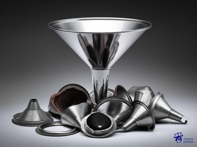 Un embudo gigante y reluciente, con una única boca ancha, sobre una pila de pequeños embudos oxidados y rotos. Representa: Discriminación en el acceso a servicios públicos esenciales