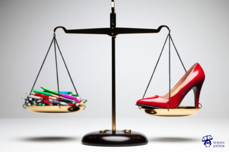 Una balanza con dos platillos idénticos. En uno, una pila de bolígrafos de oficina; en el otro, un único zapato de tacón alto. Representa: Discriminación por motivos de género en la administración pública