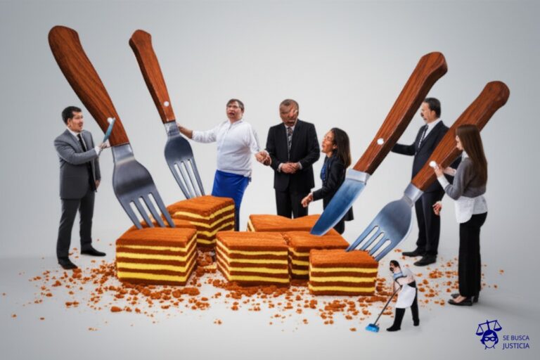 Un gran pastel rectangular, dividido en múltiples porciones desiguales. Un grupo de individuos, con tenedores y cuchillos desproporcionadamente grandes, forcejean por las porciones, mientras un individuo con un pequeño delantal y una escoba intenta barrer las migas caídas al suelo, visiblemente abrumado. Representa: Discusión acerca de la distribución de competencias en materia ambiental entre la Nación y las provincias, y el rol del Estado en la defensa de un ambiente sano.