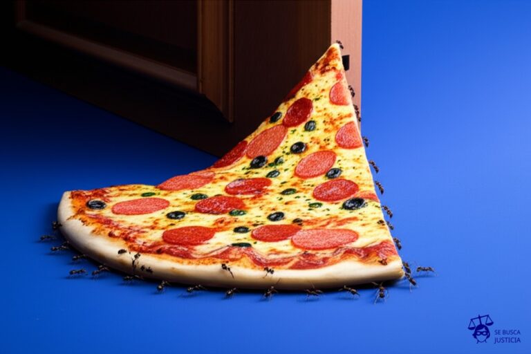 Un grupo de hormigas intentando meter una pizza gigante, que es mucho más grande que ellas, por una ranura de la puerta. Representa: Discusiones sobre el encuadre de actividades exentas